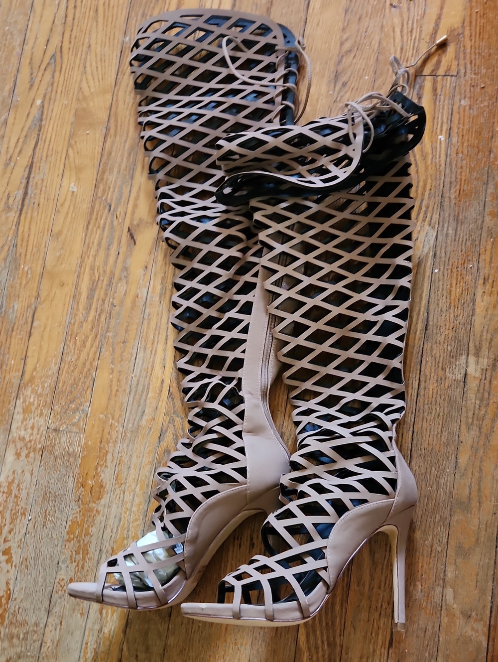 Over-the-Knee Lattice Stiletto Boots in Nude